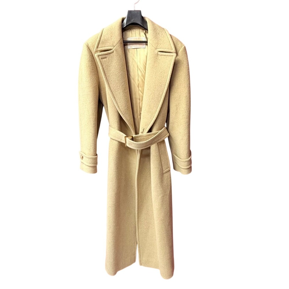 Vintage Pendleton Virgin Wool Wrap Coat Women L Camel Tan Belted Trench USA Made